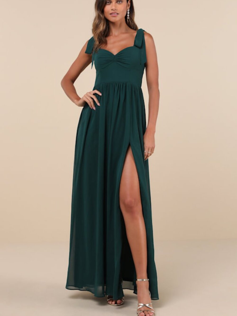 Lulus Radiant Charisma Emerald Chiffon Ruched Tie-strap Maxi Dress Green
